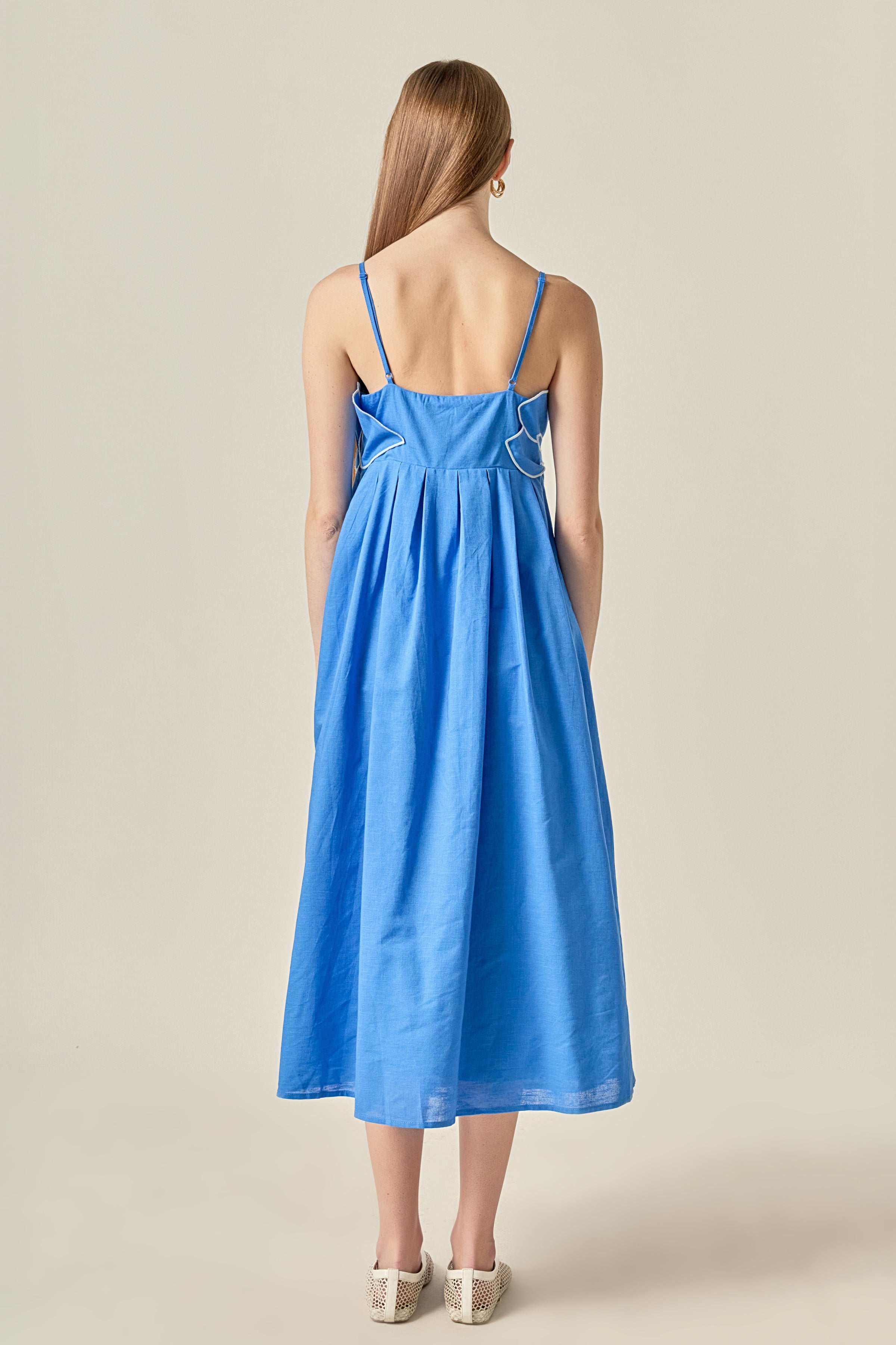 Blue Embroidered Bust + Pleat Maxi Dress