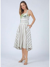 Lyla Striped Embroidered Irregular Hem Midi Dress