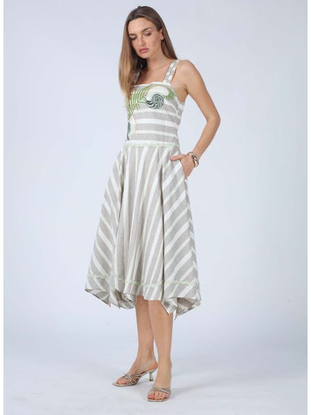 Lyla Striped Embroidered Irregular Hem Midi Dress
