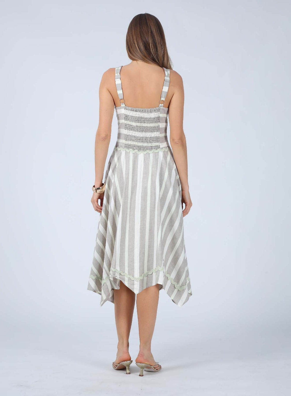 Lyla Striped Embroidered Irregular Hem Midi Dress