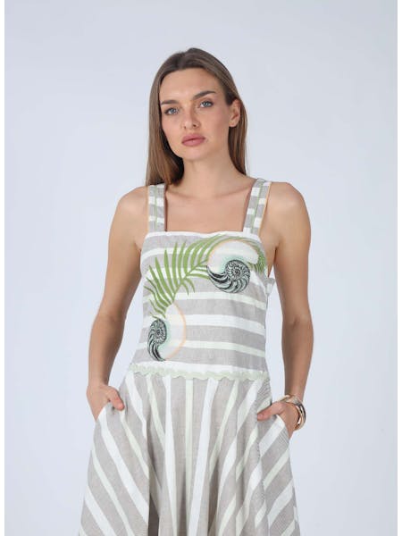 Lyla Striped Embroidered Irregular Hem Midi Dress