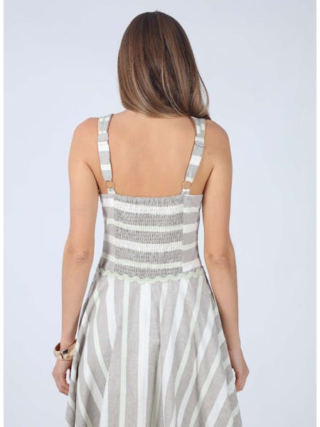 Lyla Striped Embroidered Irregular Hem Midi Dress