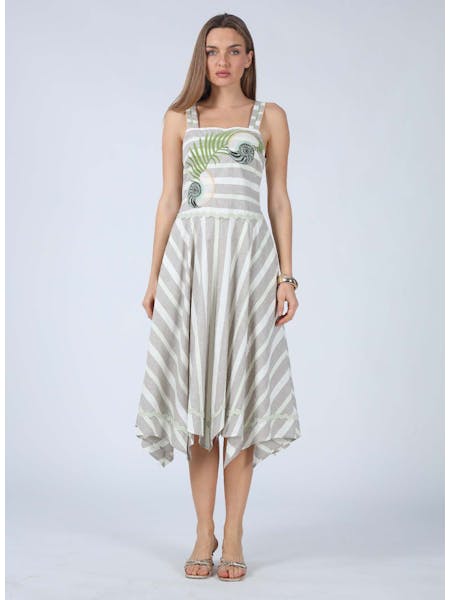 Lyla Striped Embroidered Irregular Hem Midi Dress