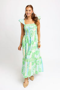 Karlie | Green Sea Shell Poplin Smock Maxi Dress