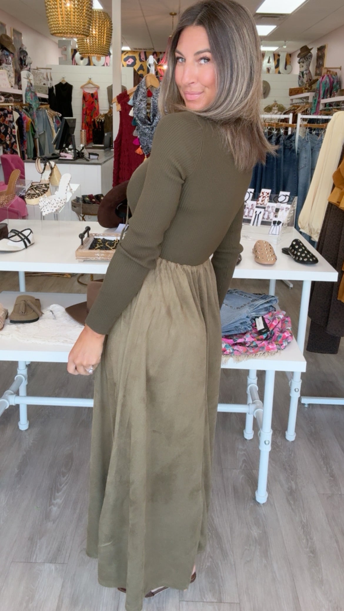 Moon River | Olive Front Lace-Up Tie 2fer Midi