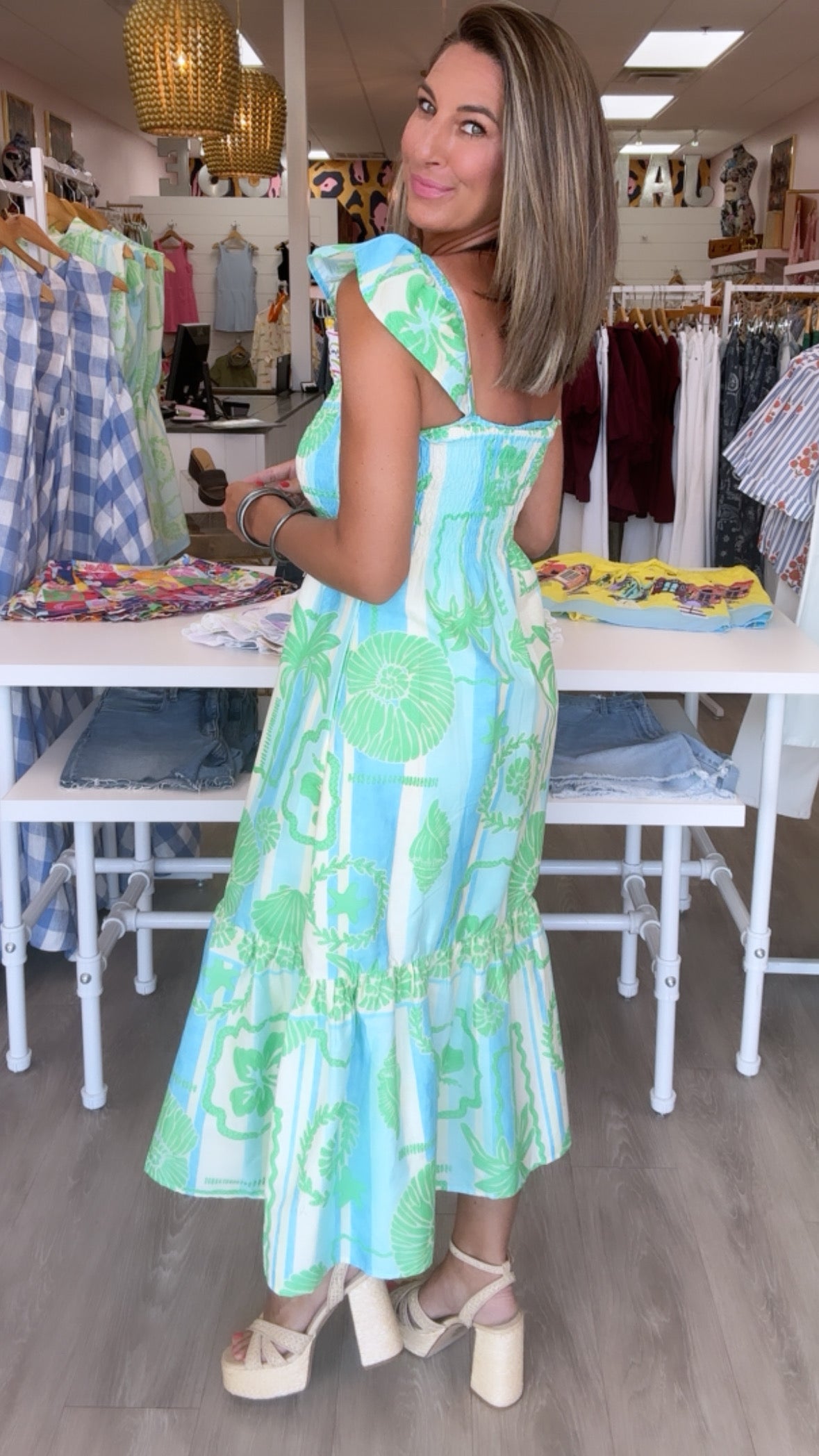 Karlie | Green Sea Shell Poplin Smock Maxi Dress