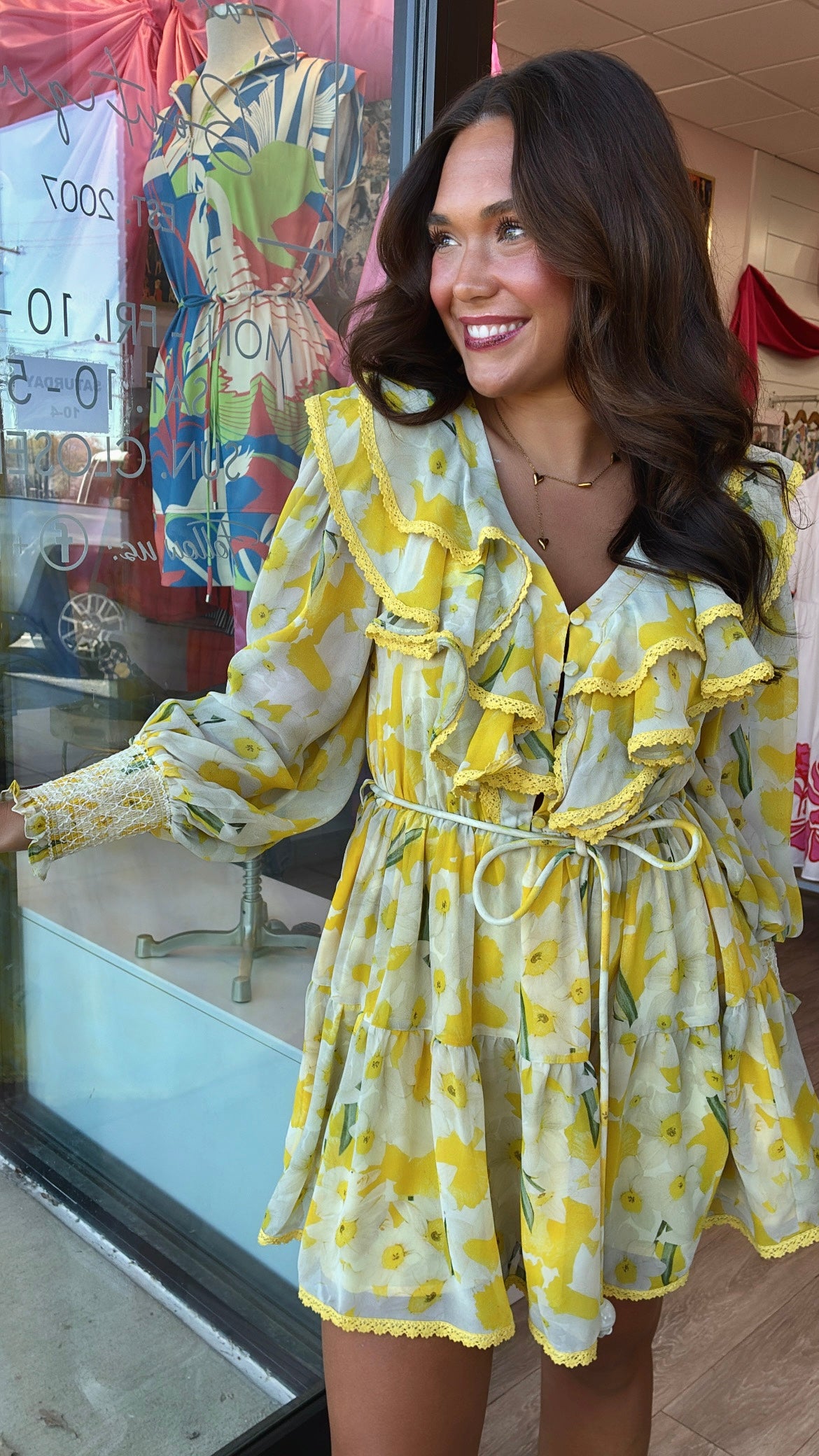 Yellow Ruffle Belted Dress