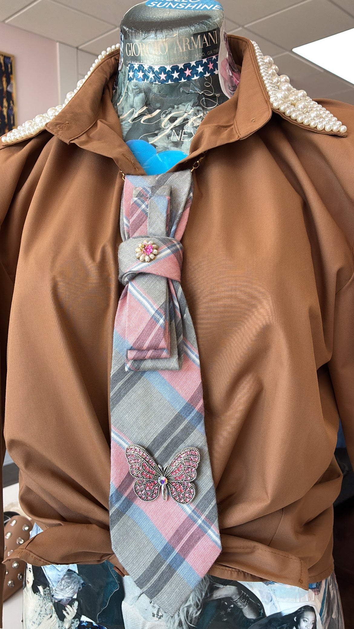 Tie Necklace | Pink + Grey Tie + Butterfly Brooch