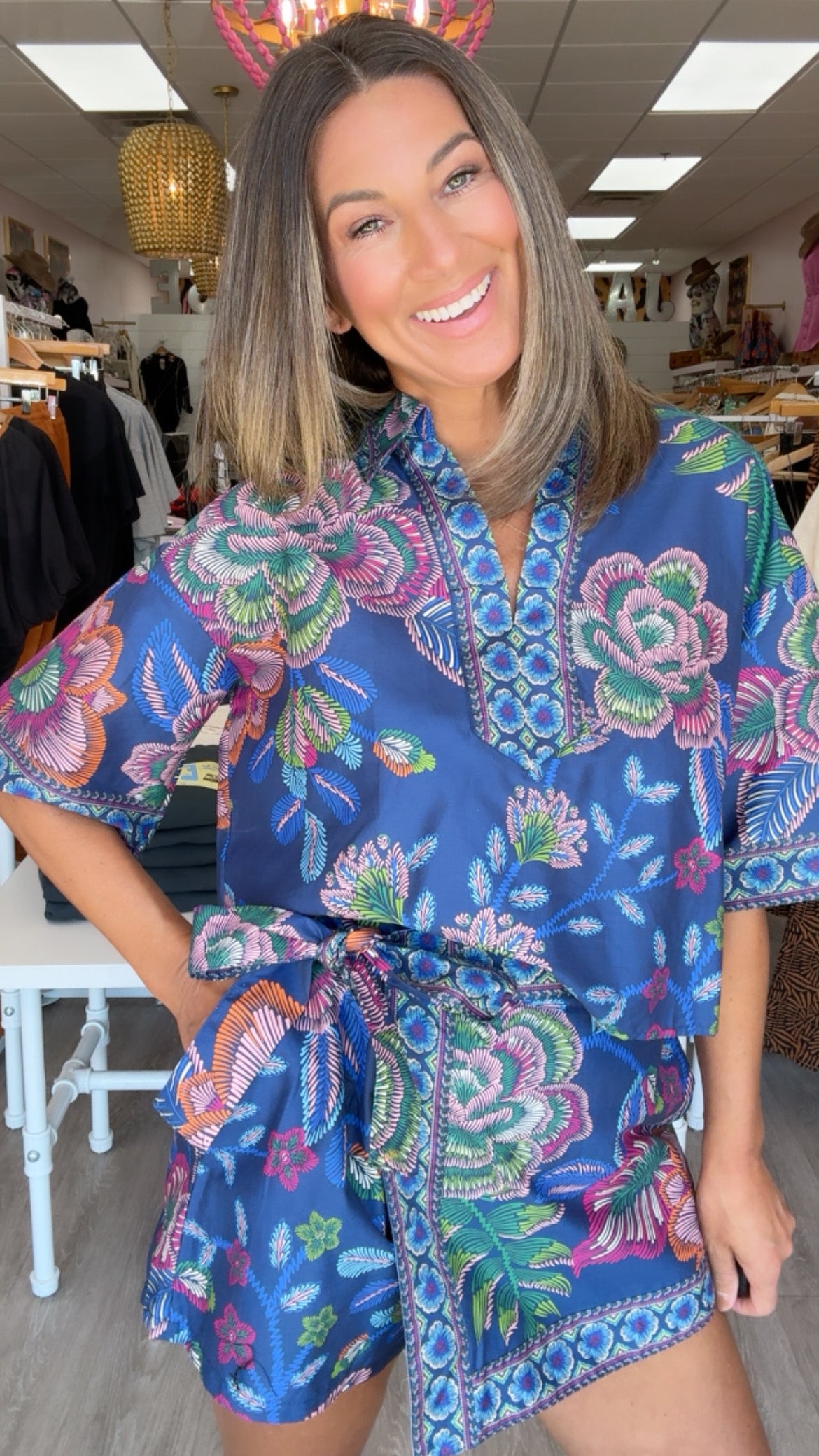 Indigo Printed Floral Wrap Skort Set