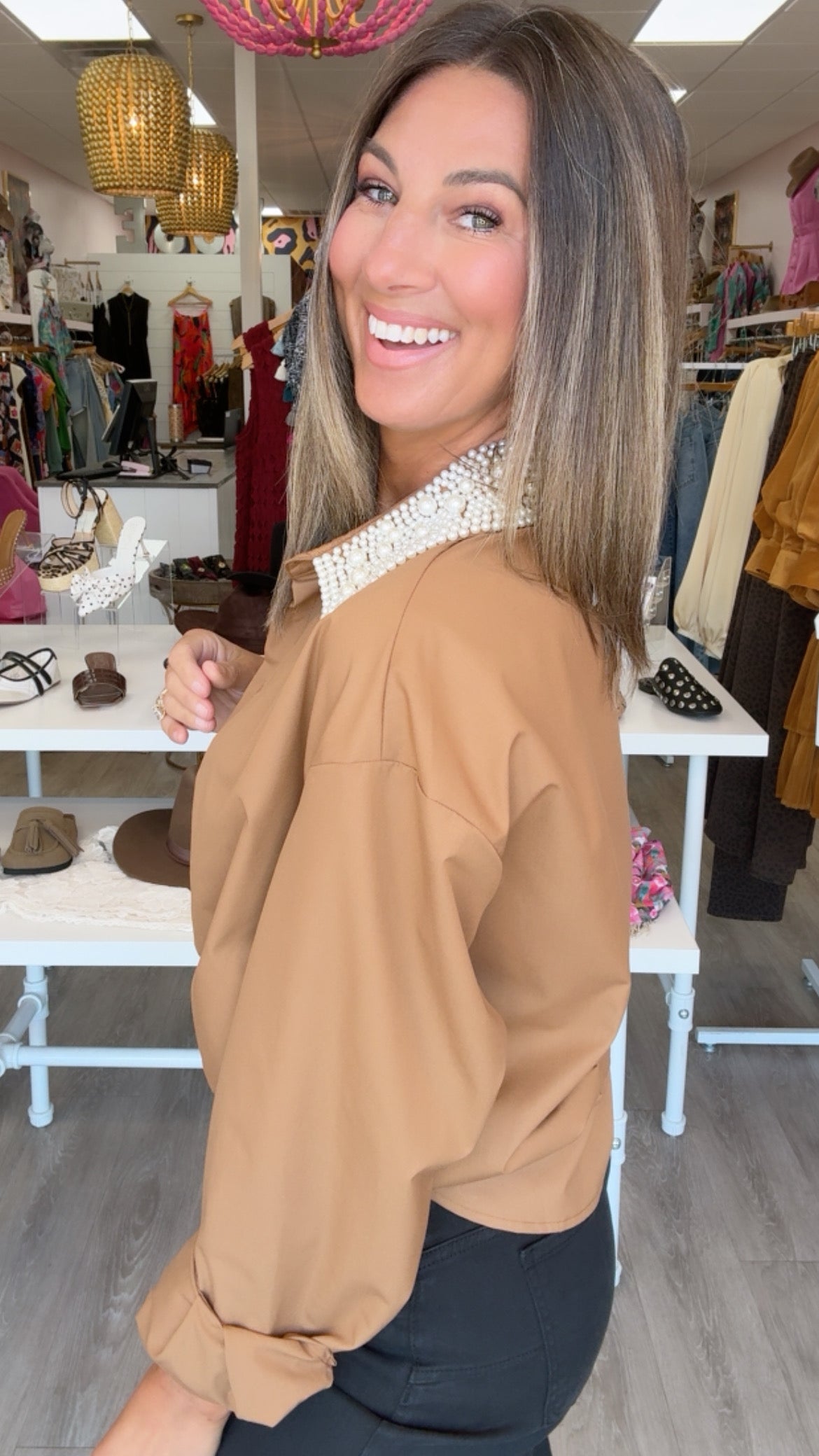 Karlie | Brown Pearl Collar Poplin Top
