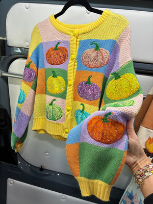 Queen of Sparkles Pastel Colorblock Button Down Pumpkin Cardigan