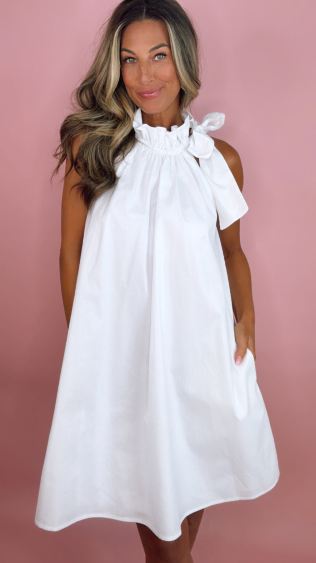 White Tie Neck Ruffle Sleeveless Dress