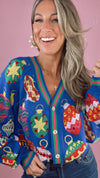 Queen of Sparkles Blue Multi Jewel Ornaments Button Cardigan