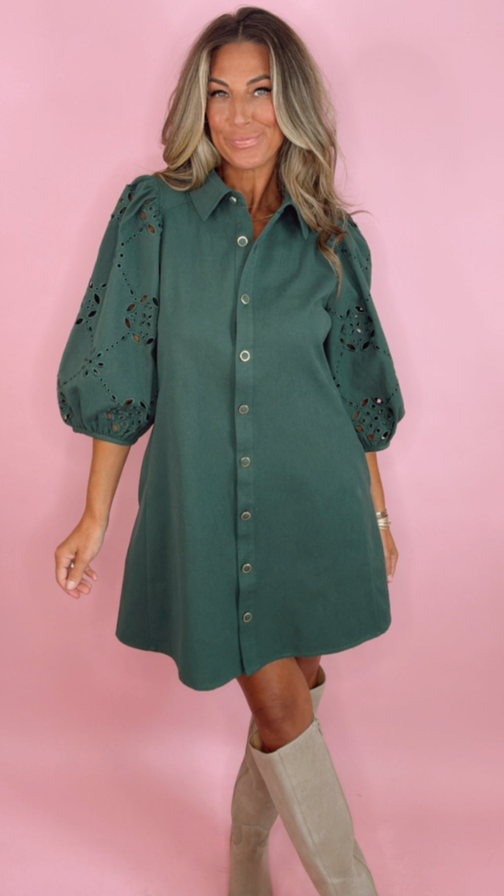 Green Eyelet Sleeve Detail Button Down Mini Dress