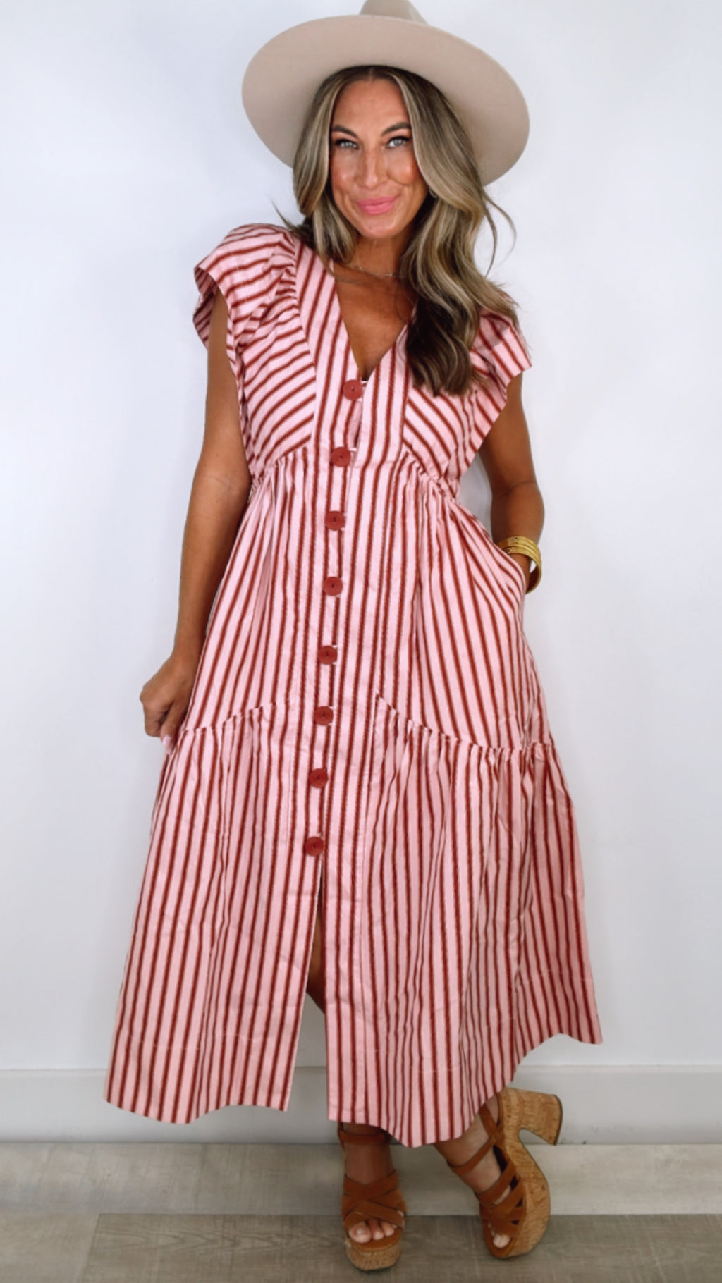 Karlie Pink Stripe V-Neck Button Maxi Dress