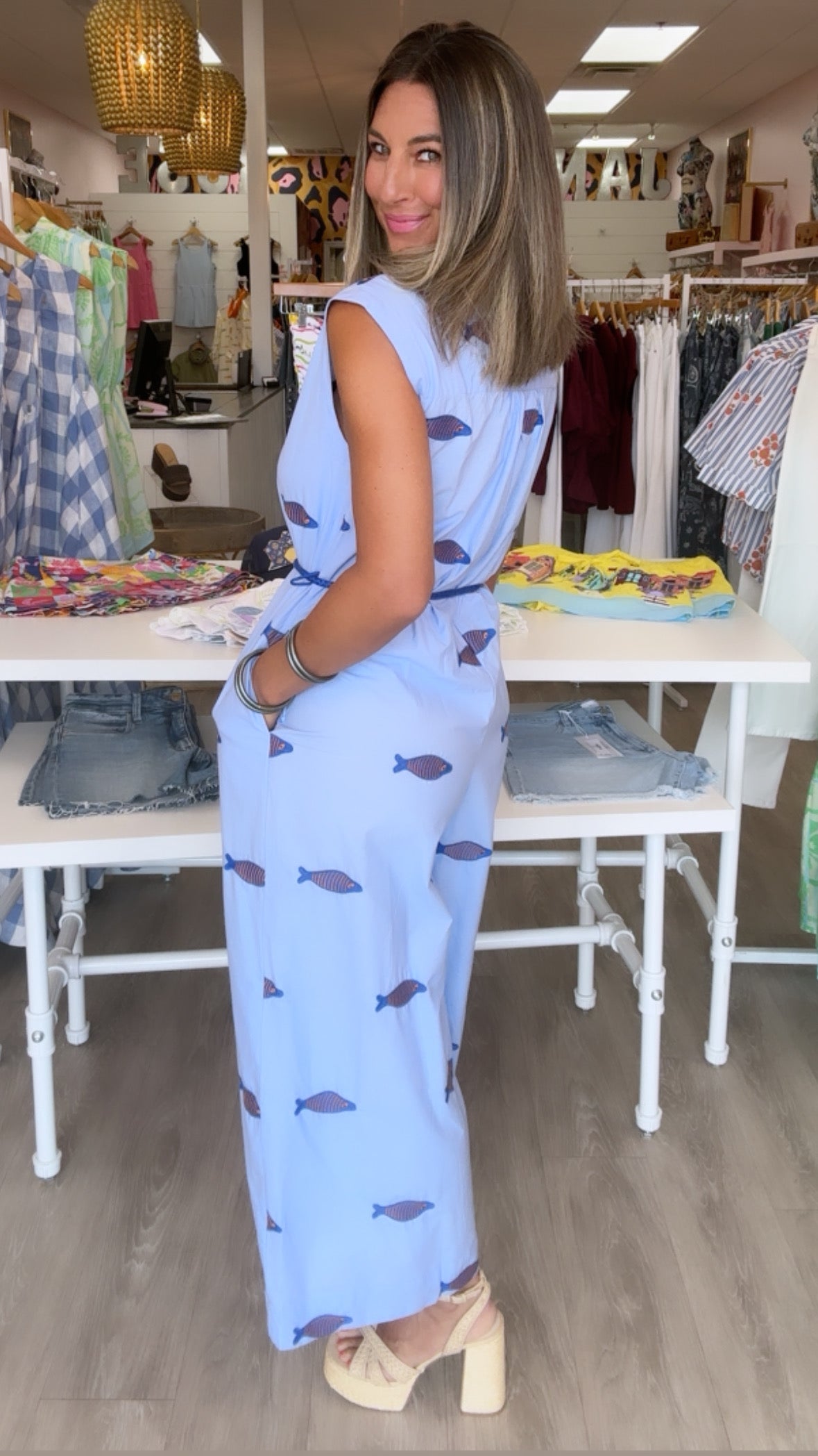 Ivy Jane | Blue Embroidered Fish Jumpsuit