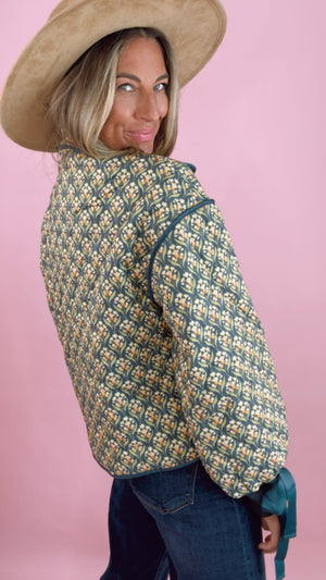 Floral Quilted Jacket with Ribbon Sleeve Detail