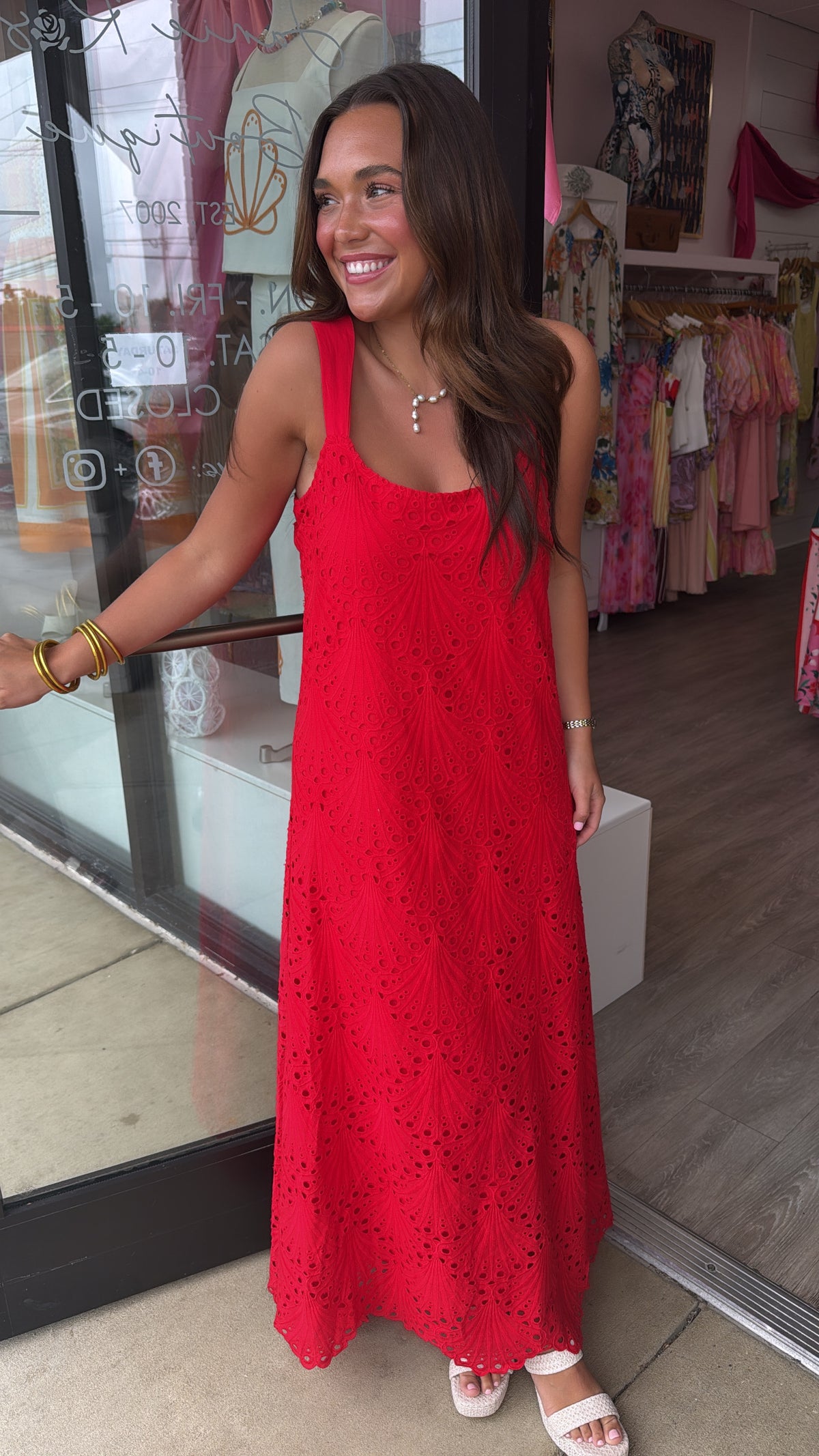 Red Eyelet Maxi Dress