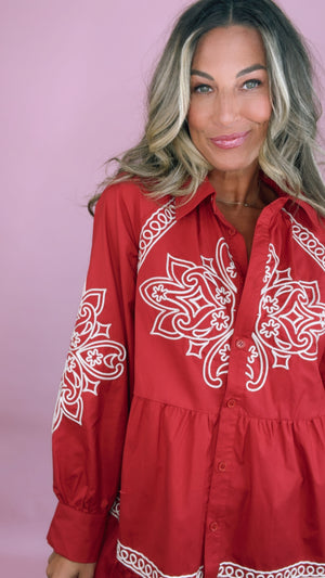 Embroidered RubyRed Mini Dress (1 MEDIUM)