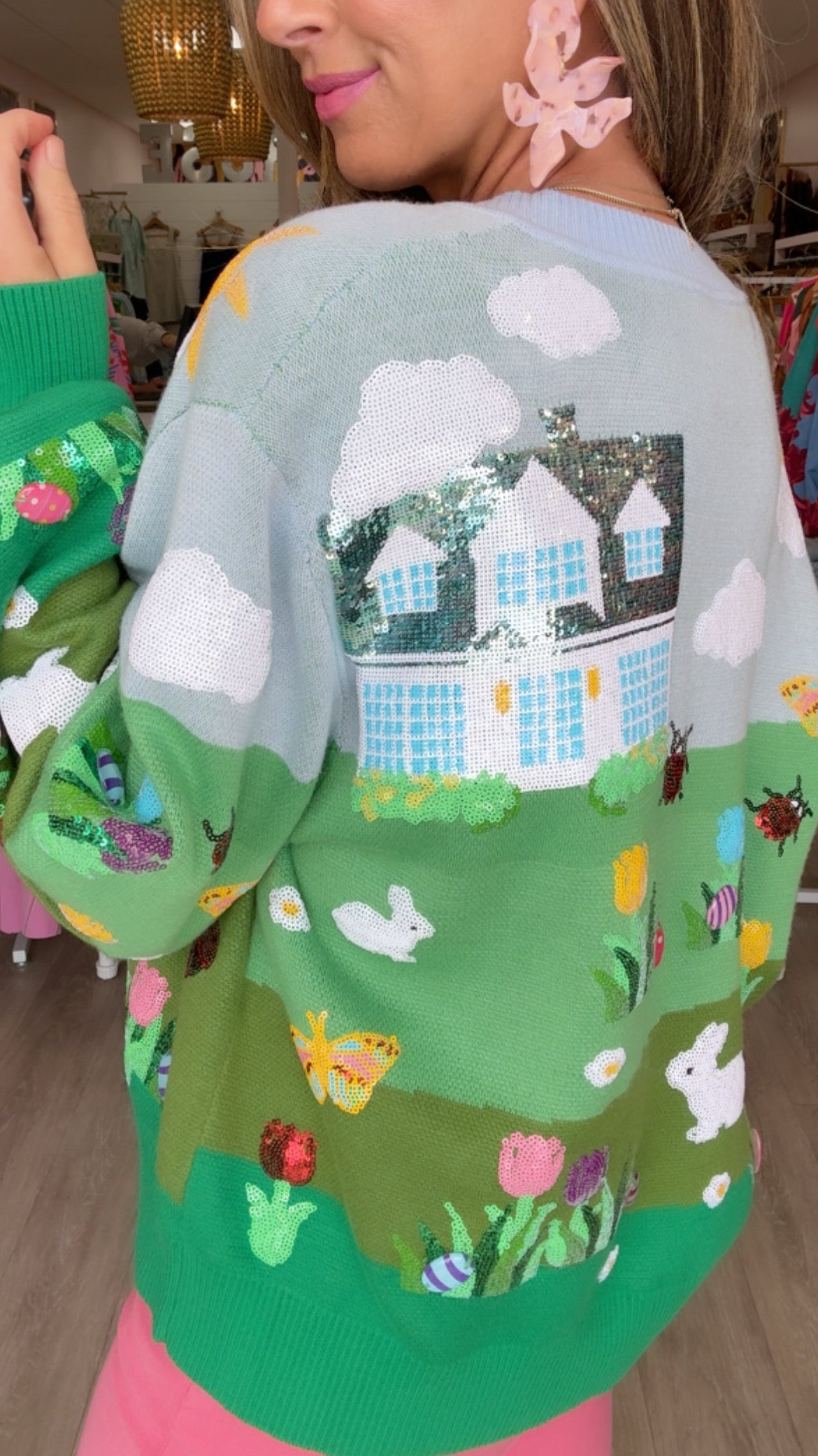 Queen of Sparkles Easter Bunny + Egg Yard Scene Cardigan