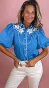 THML Blue Flower Embroidered Puff Sleeve Top