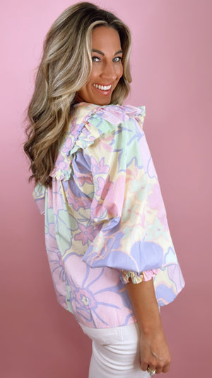 Karlie Large Flower Poplin Ruffle V-neck Top
