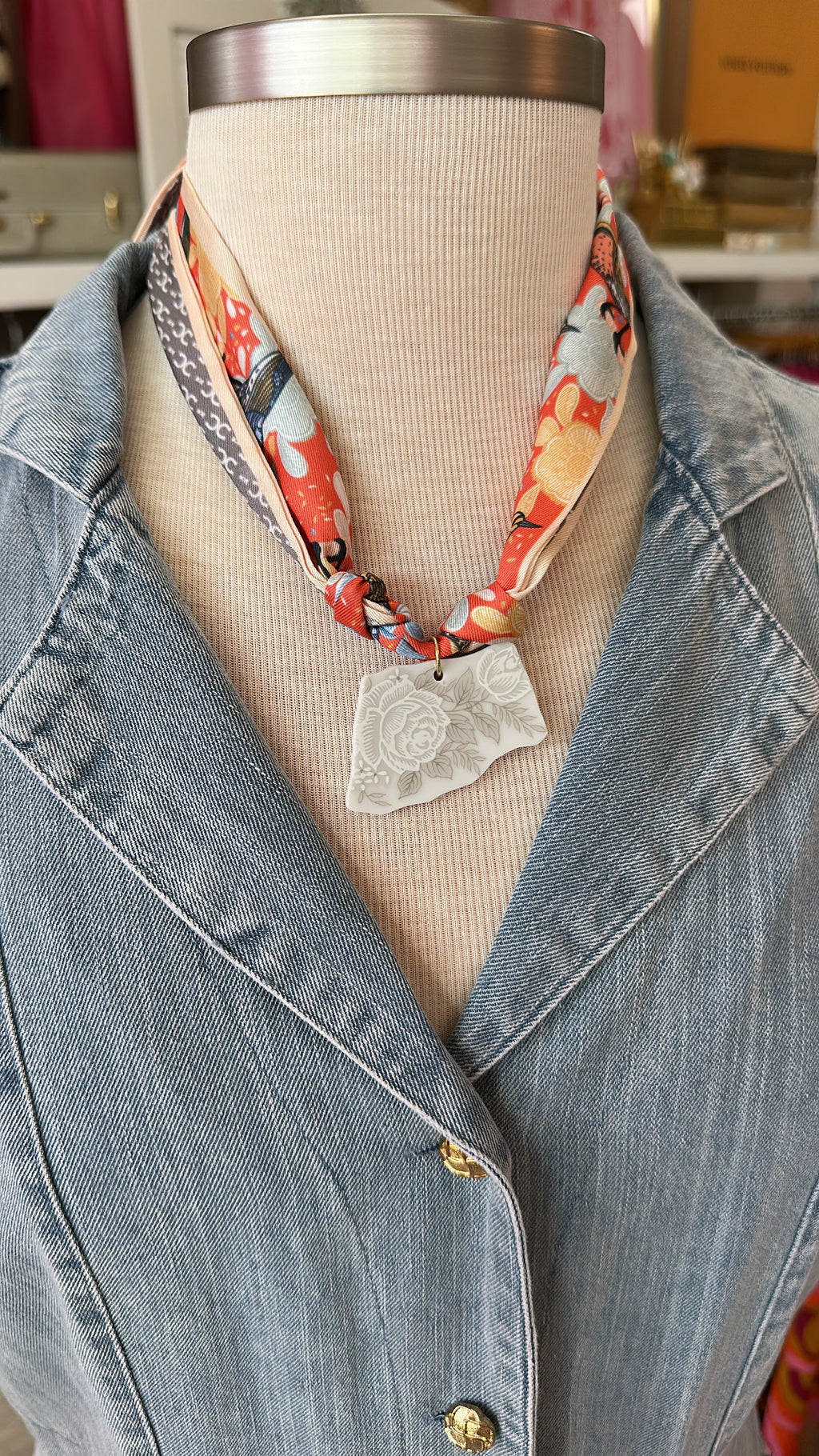 Vintage China Scarf Necklace (Orange)