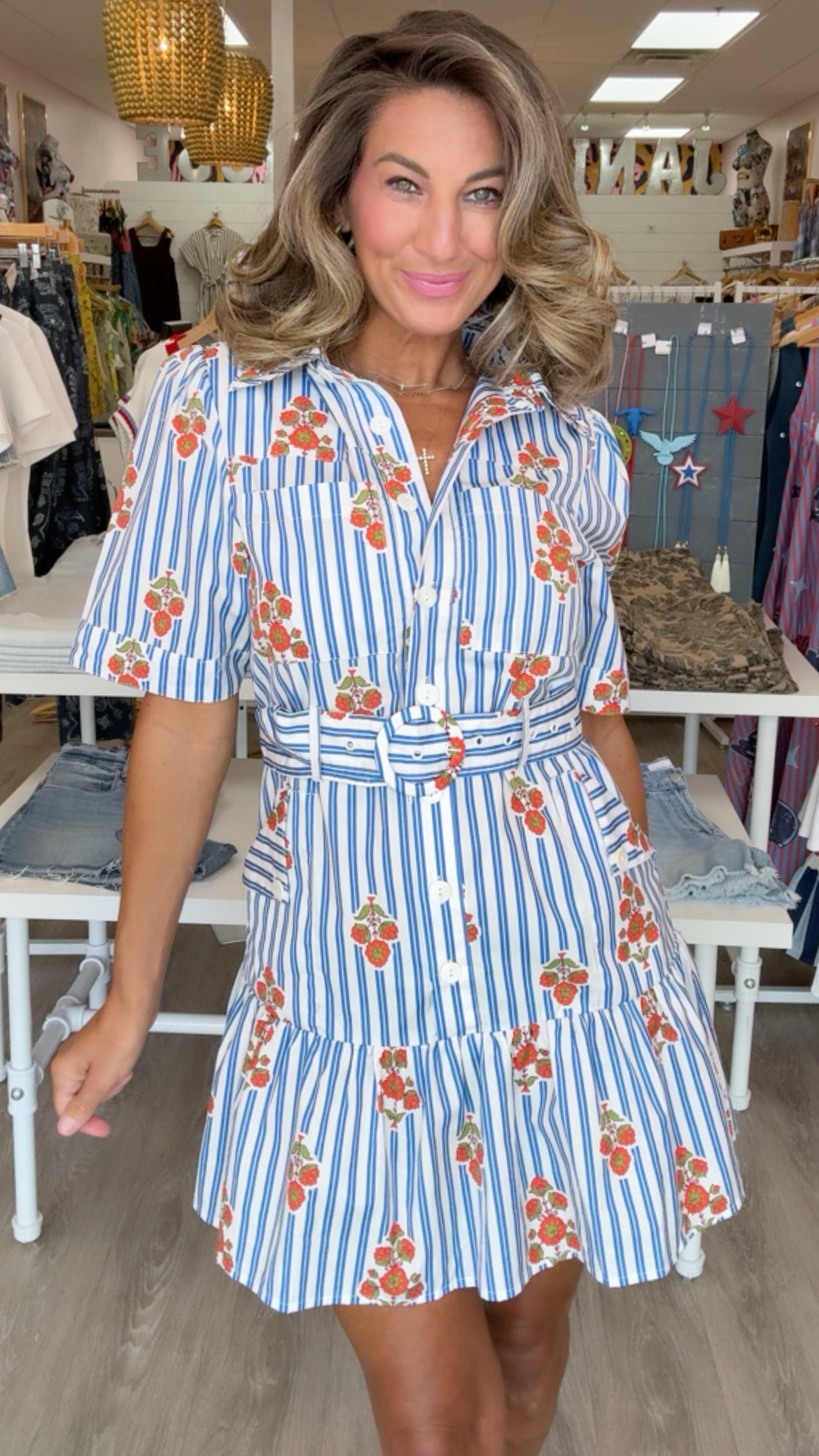 Karlie | Blue Stripe Pocket Belt Dress