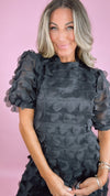 Black Crew Neck Puff Sleeve Mini Dress