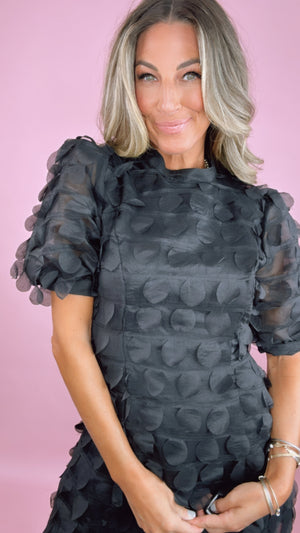 Black Crew Neck Puff Sleeve Mini Dress