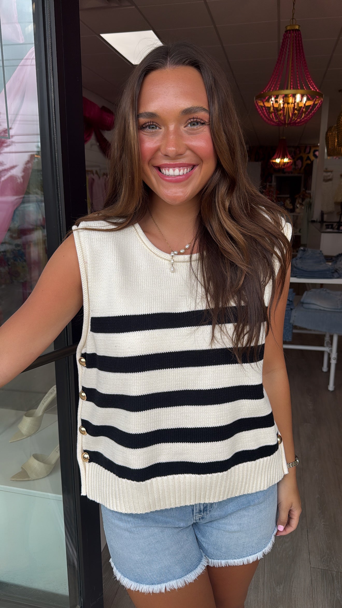 Cream Striped Sleeveless Knit Top