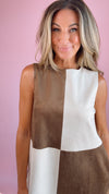 Brown and Ecru Suede Colorblock Mod Shift Dress