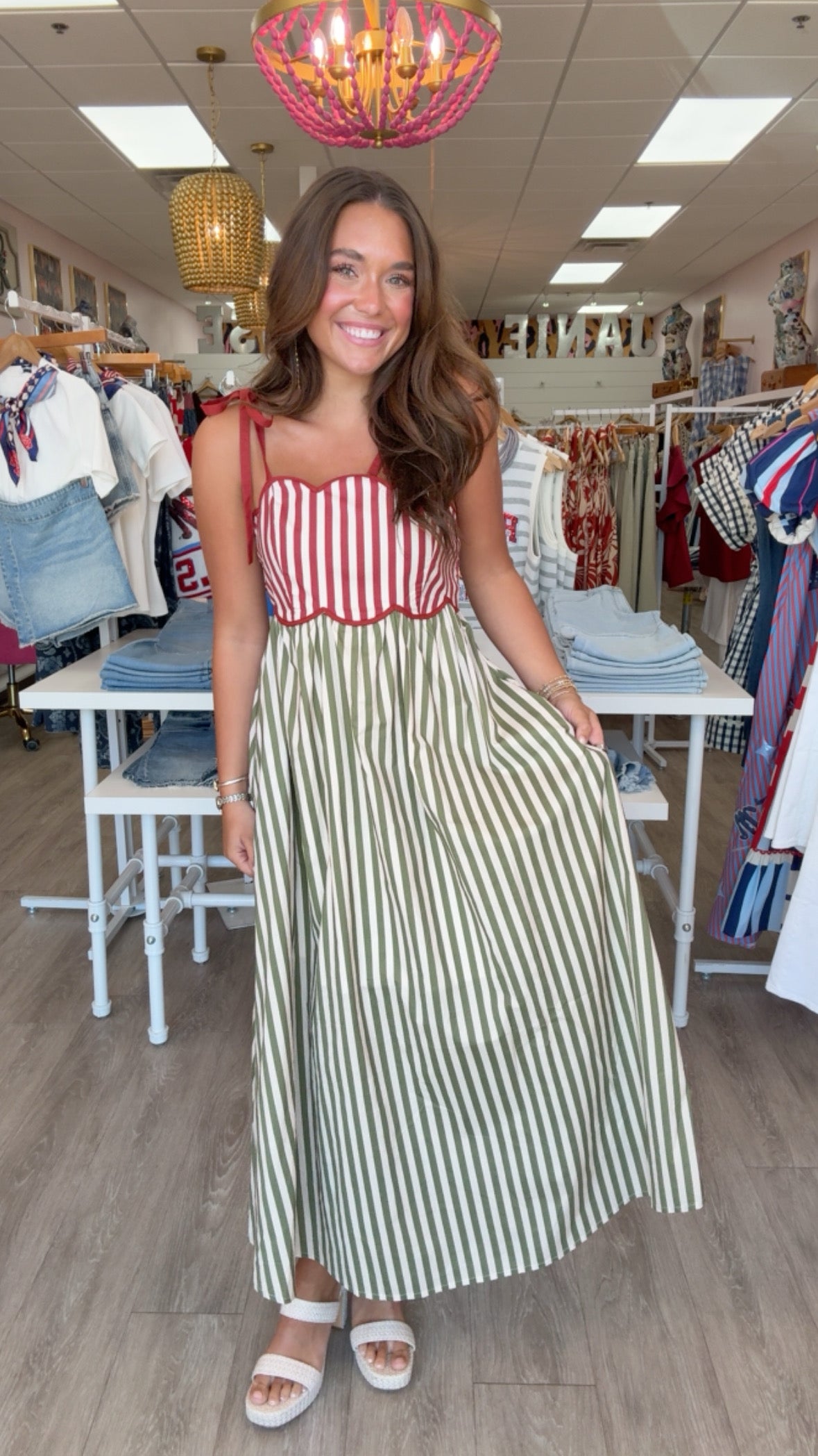 Rust Olive Scallop Stripe Midi Dress