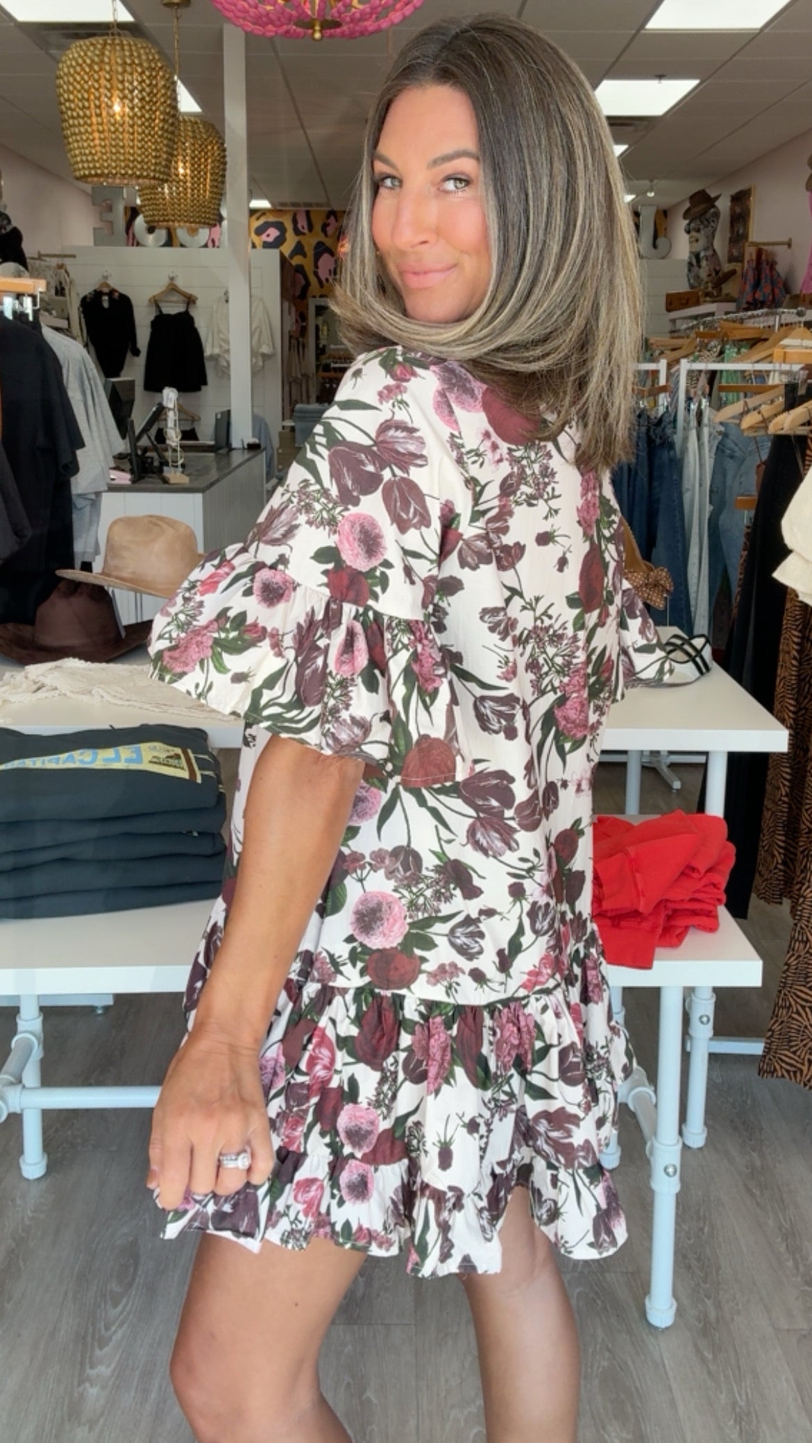 Burgundy/Pink Floral Buttondown Ruffle Mini Dress