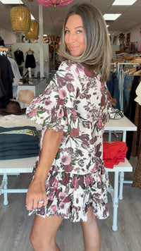 Burgundy/Pink Floral Buttondown Ruffle Mini Dress