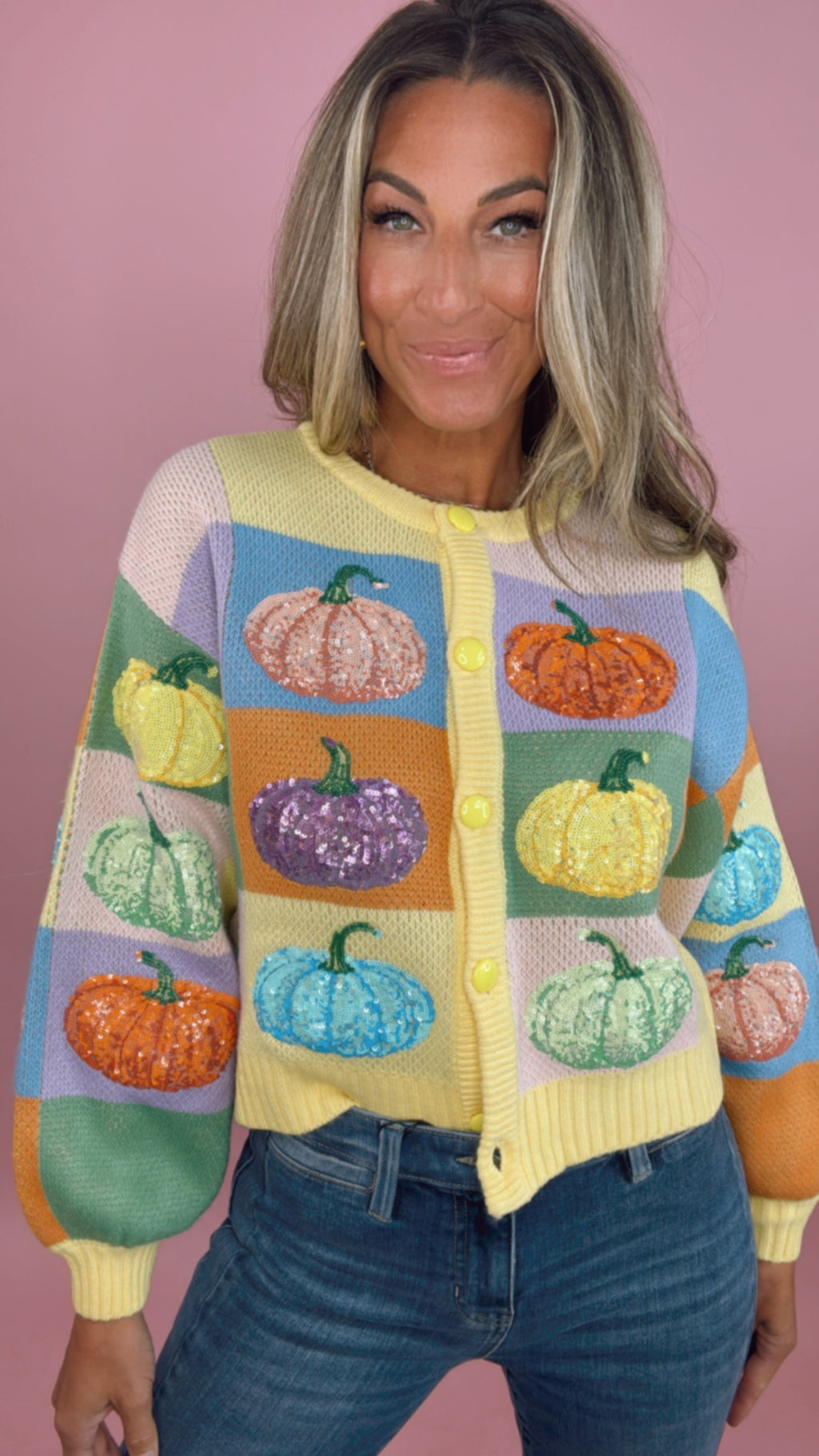 Queen of Sparkles Pastel Colorblock Button Down Pumpkin Cardigan