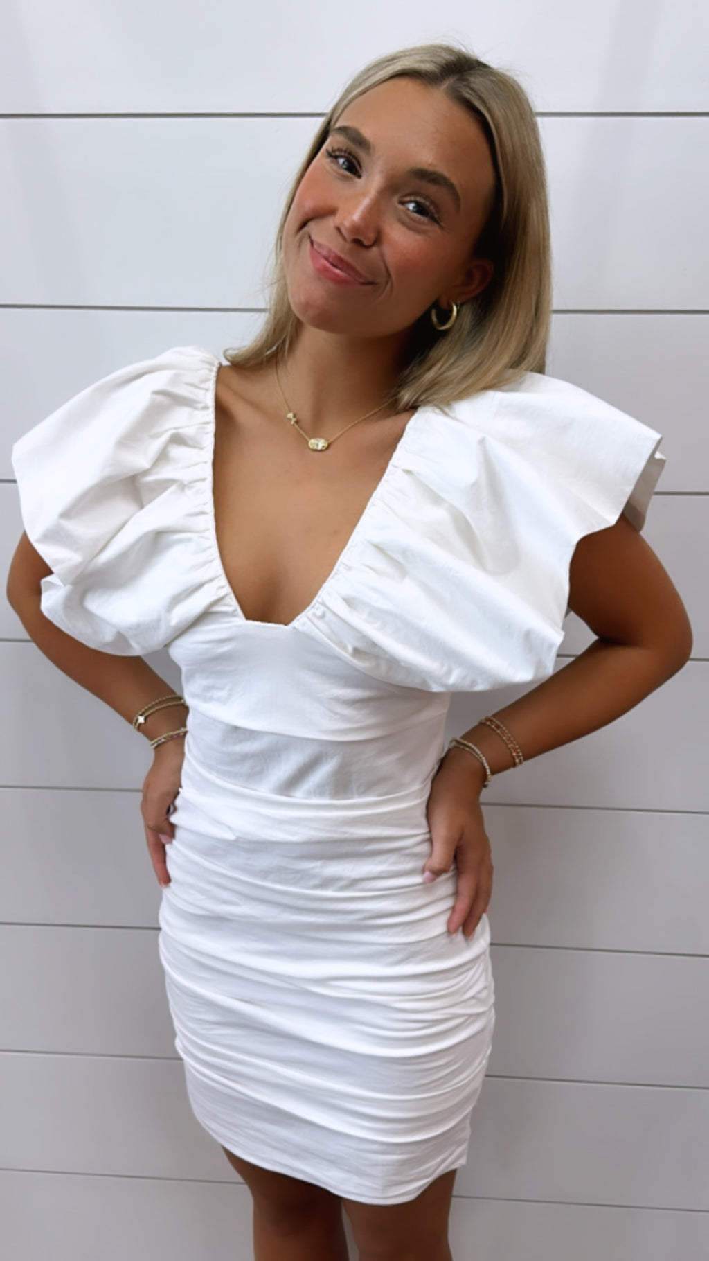 Large Flutter Sleeve Ruched White Mini Dress