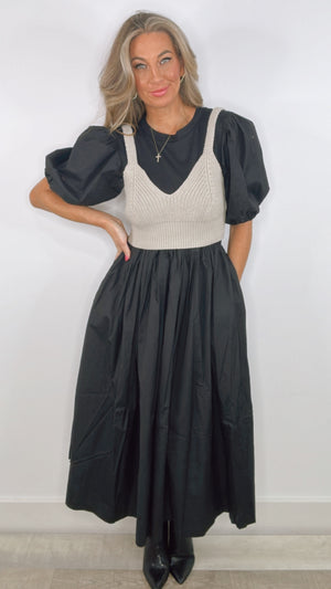 Black Knit Combo Midi Dress