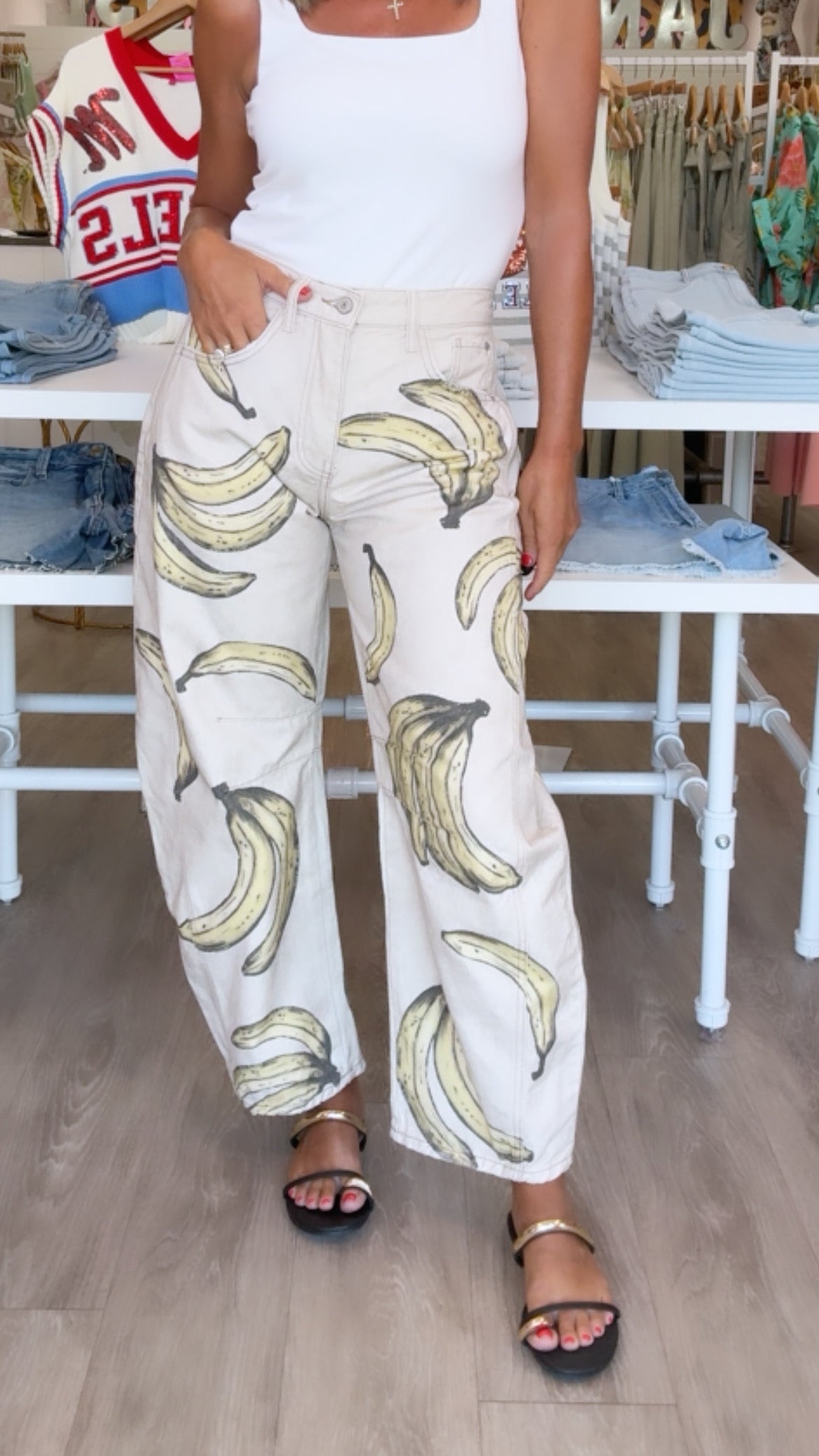 Free People | Good Luck Printed Barrel Jean in Go Bananas