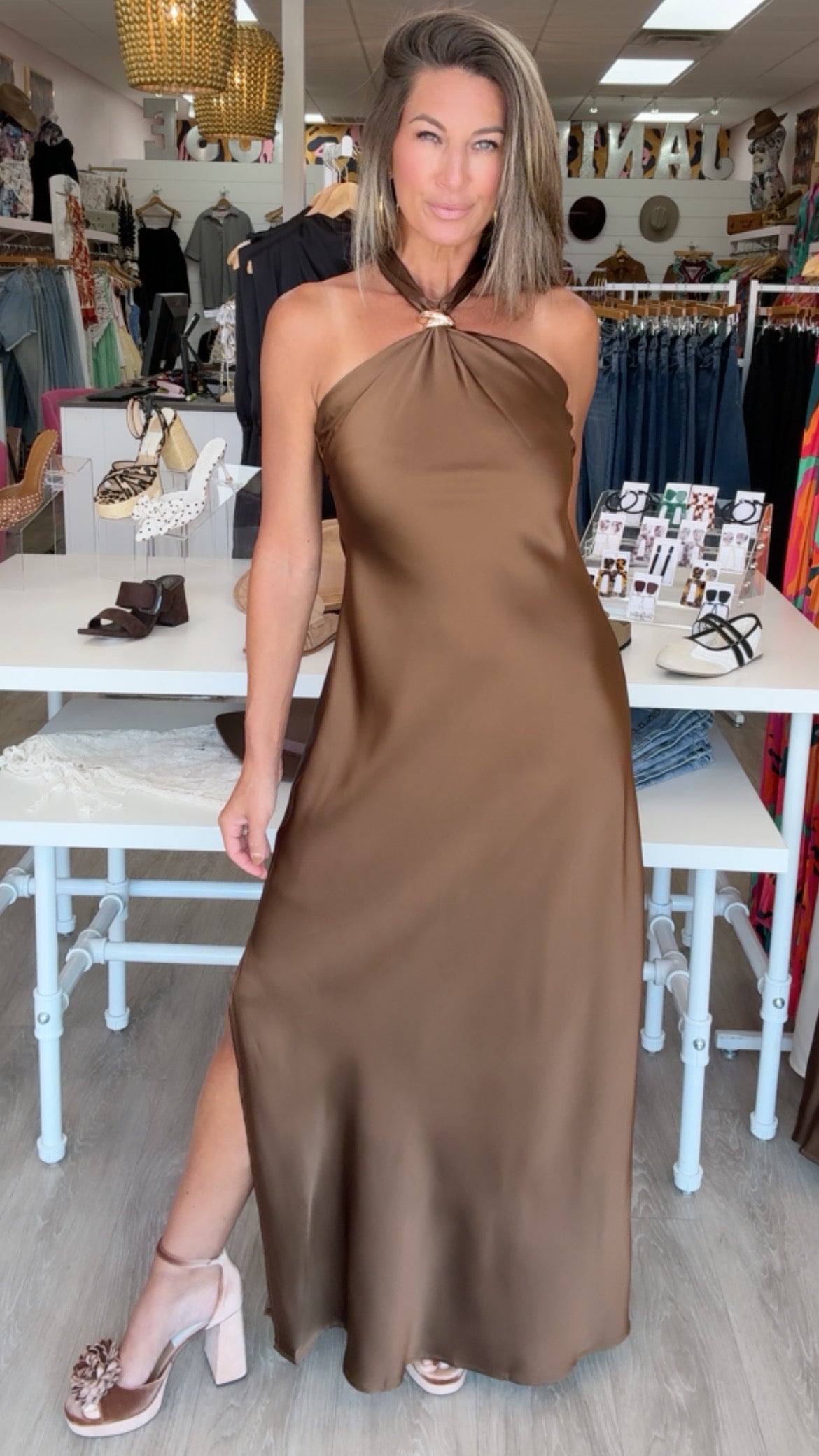 Karlie | Brown Solid Satin Halter Maxi Dress
