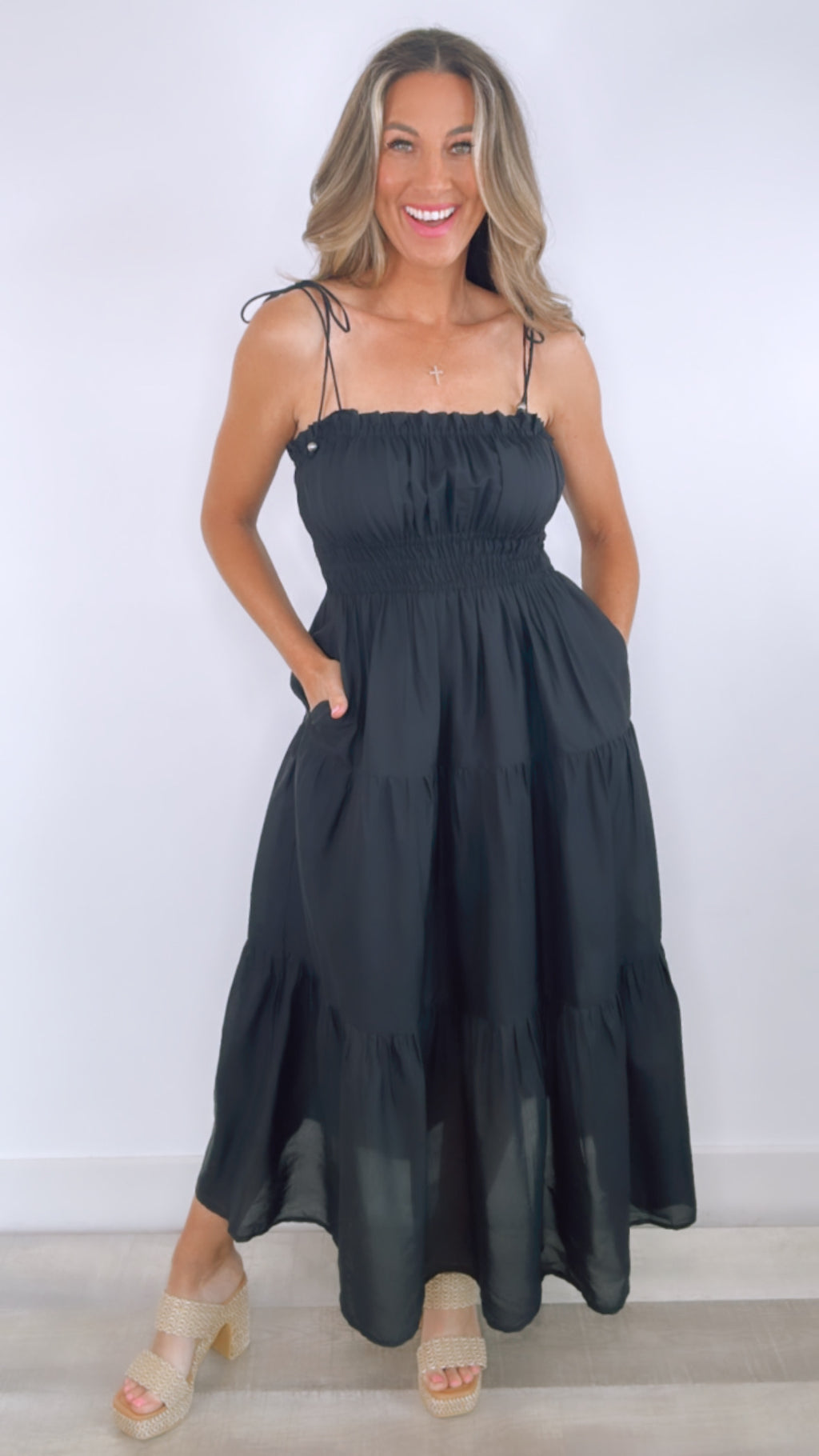 Black Smocked Midi Dress
