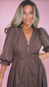 Brown Zip Up Midi Dress