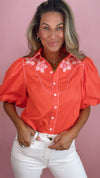 THML Orange Flower Embroidered Puff Sleeve Top
