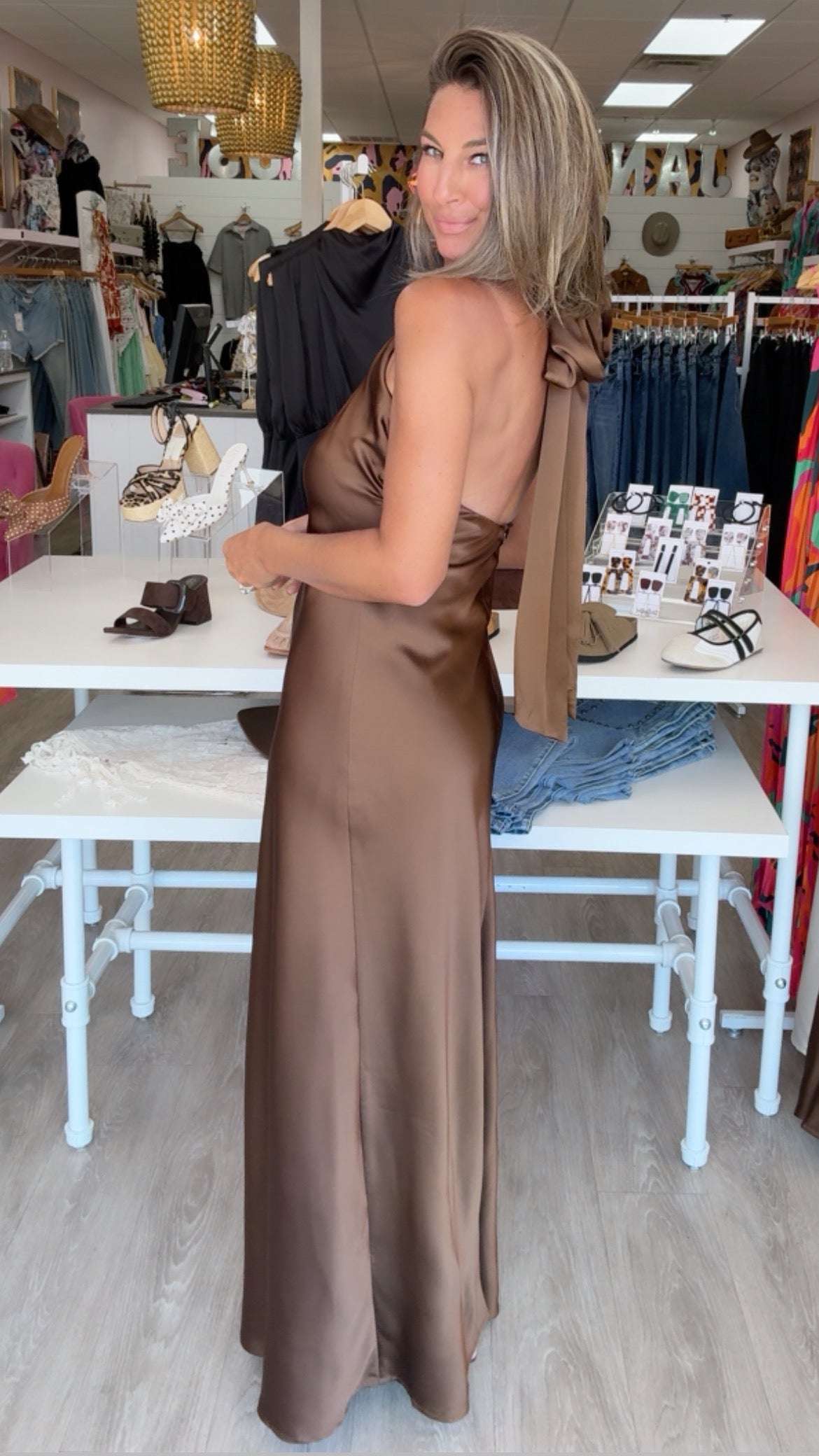 Karlie | Brown Solid Satin Halter Maxi Dress