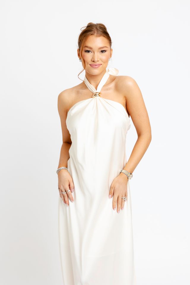 Karlie | Ivory Solid Satin Halter Maxi Dress