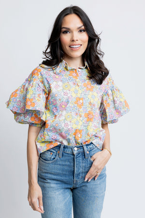 Karlie Floral London Button Ruffle Sleeve Top