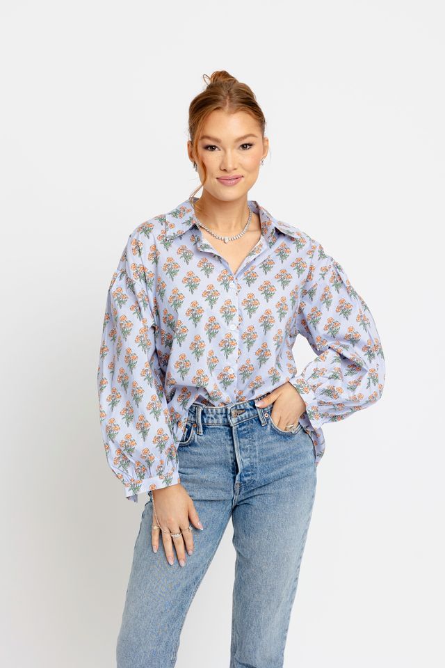 Karlie | Blue London Floral Poplin Button-Up Top