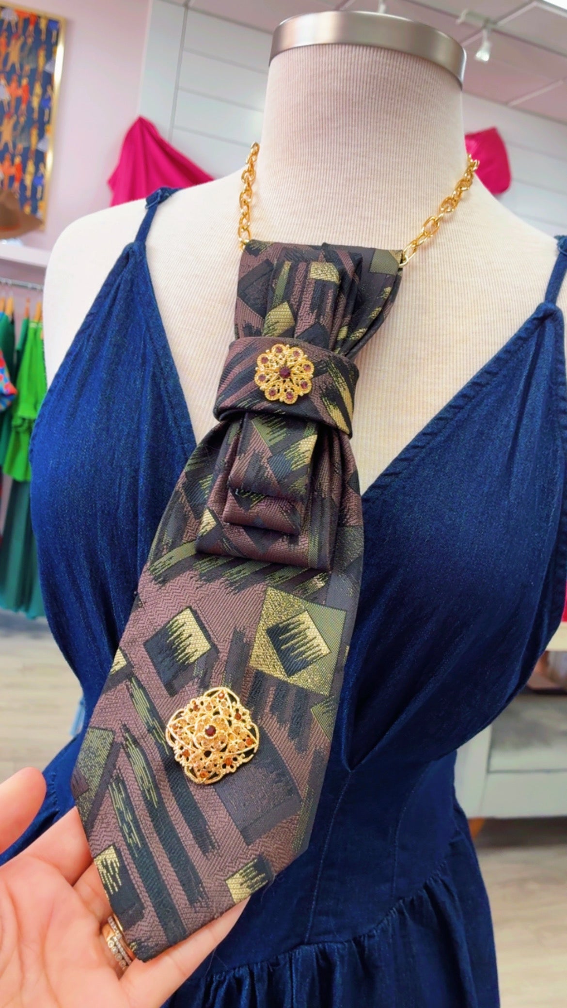 Tie Necklace | Funky Geo w/ Gold Brooches