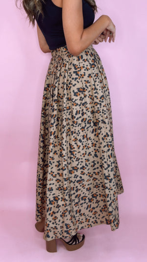 Camel Leopard Pleated Midi Skirt