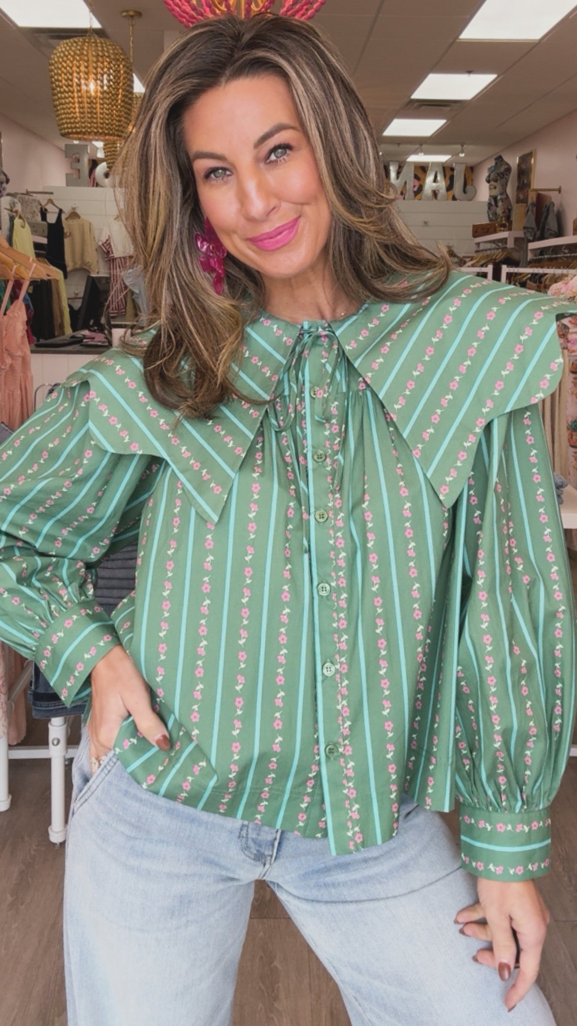 Karlie Floral Ditzy Stripe Peter Pan Collar Top